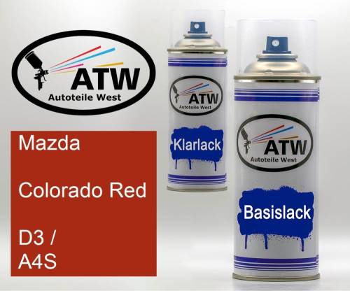 Mazda, Colorado Red, D3 / A4S: 400ml Sprühdose + 400ml Klarlack - Set, von ATW Autoteile West.